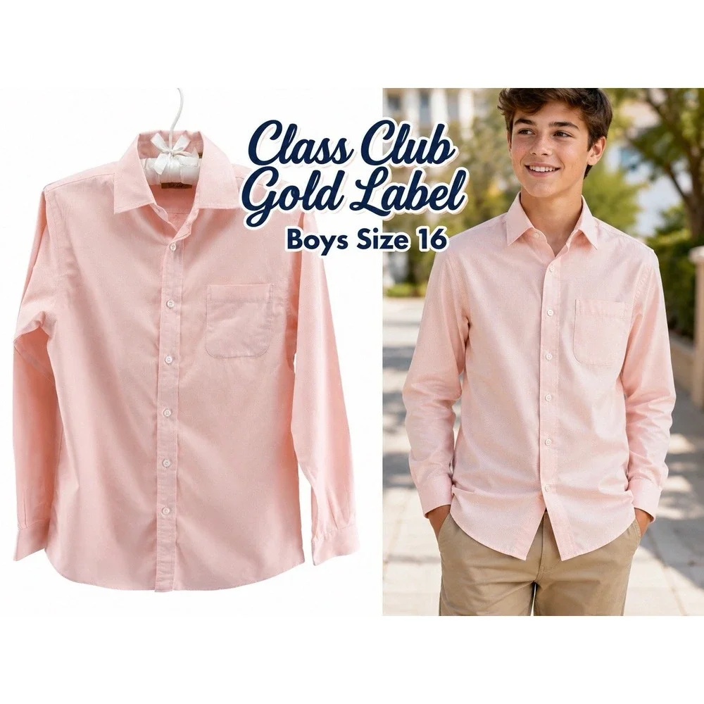 Class Club Gold Label Boys Dress Shirt Peach Button Front Long Sleeve Size 16